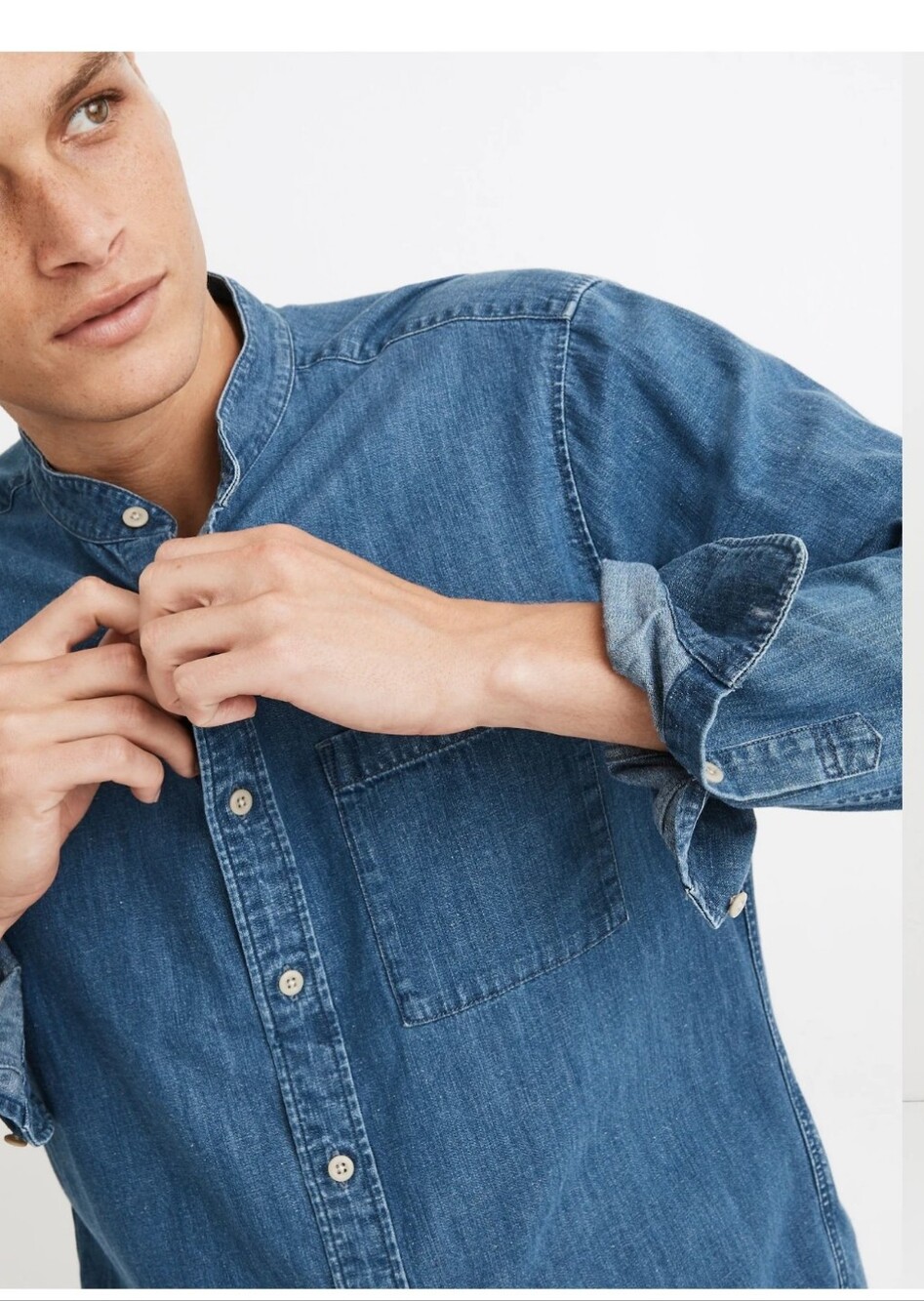 MADEWELL Denim Banded-Collar Perfect Shirt Buttondown Chest Pockets Size M